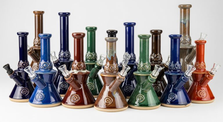A diverse collection of ceramic dab rigs with glossy glazes in various unique colors and designs, each featuring a wide mouthpiece and a separate banger attachment, displayed on a clean surface.