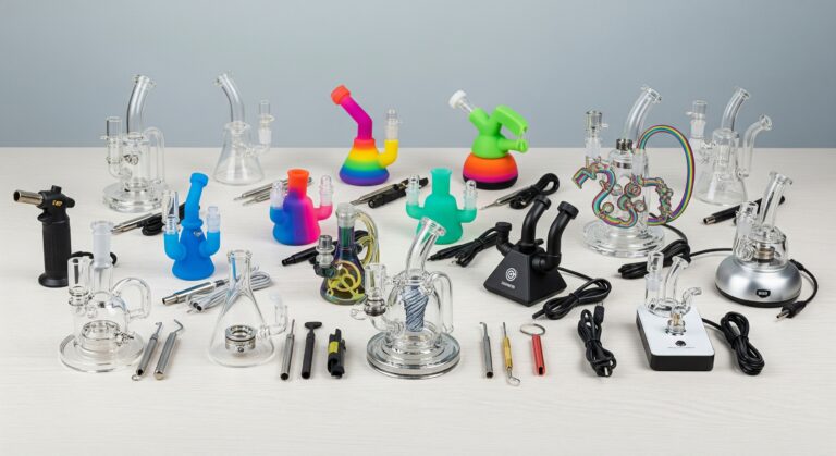 A wide-angle product photograph of a diverse collection of dab rig kits. The display includes various types of rigs, such as clear glass, colorful silicone, and electronic models, each with a banger, a dab tool, a carb cap, and a heating element.