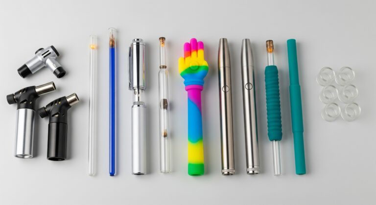 A professional product photograph of a diverse collection of ten dab straws and nectar collectors made from glass, metal, and silicone, with various designs including a hand shape. The items are arranged with butane torches and glass concentrate dishes.