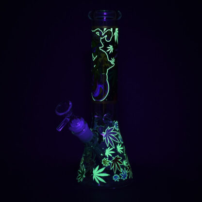 Aliens And Hemp Leaves Glow Glass Beaker Water Pipe-10" - Image 3