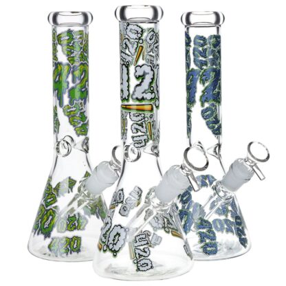 420 Clouds Glow In The Dark Beaker Glass Water Pipe - 10" / 14mm F / Colors Vary - Image 2